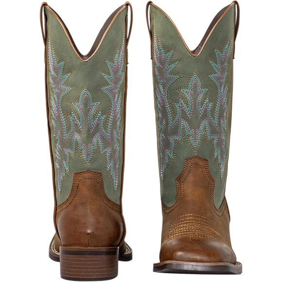 Western Cowgirl Boots with Square Toe & Two-Tone Stitch Vintage Block Heel - Picture 2 of 8